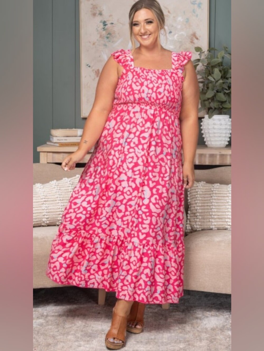 Boutique Brand Leopard Ruffle Strap Smocked High Waist Maxi Dress (worn once)